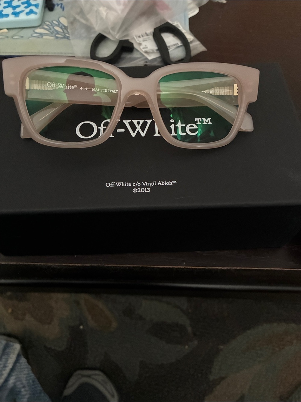 Off-White Women's Rectangle Glasses in Taupe Frame with Green Lenses